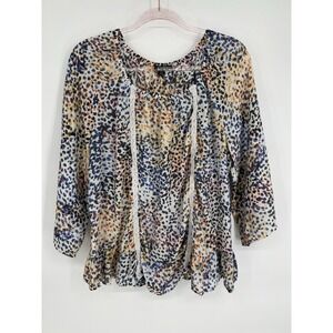 Zac Rachel Blouse Womens Sz L Boho 3/4 Sleeve Shirt Sheer‎ Casual Geometric